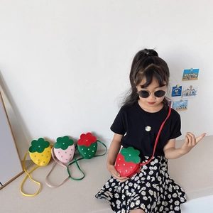 Cute strawberry shaped crossbody bags for kids in red yellow pink and green colors