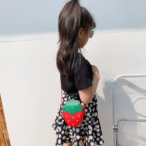 Cute strawberry shaped red PU leather crossbody bag for girls with green leaf detail