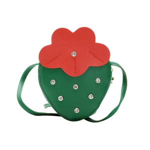 Cartoon strawberry crossbody bag for girls with green faux leather and sparkling crystals