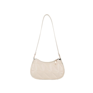 Quilted off-white shoulder bag with geometric stitching and golden zipper detail
