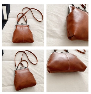 Detailed views of a vintage brown PU shell bag with metal clasp and fine stitching
