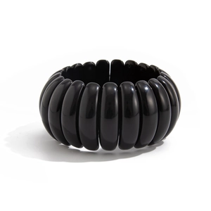 Chic black glossy irregular wide geometric resin bangle with elastic stretch design