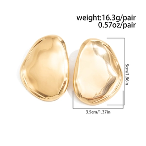 Detail view of large gold-tone irregular liquid metal earrings with size and weight specs