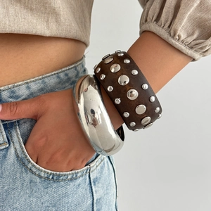 Ensemble de bracelets punk en bois large et métal argenté pour hommes et femmes