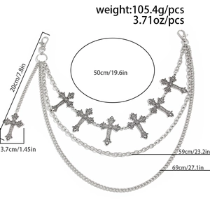 Multi-layer silver metal pants chain featuring cross charms and lobster claw clasps