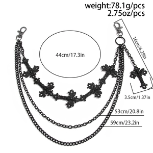 Detailed view of punk metal pants chain with cross pendants and size measurements
