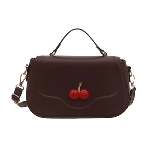 Brown faux leather crossbody bag with cherry rhinestone decor and detachable strap