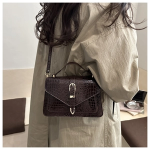 Detail showing deep brown crocodile texture and gold horseshoe buckle on the handbag