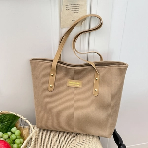Corduroy Tote Bag Large Capacity Commuter Shoulder Bag PU Leather Straps Gold Rivets Retro Minimalist Casual Women