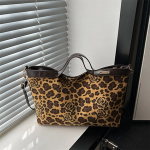 Sac Cabas Femme Imprimé Léopard Rose Bordure en Cuir PU Grande Capacité Sac à Épaule Mode Sac à Main Décontracté pour Trajet Quotidien