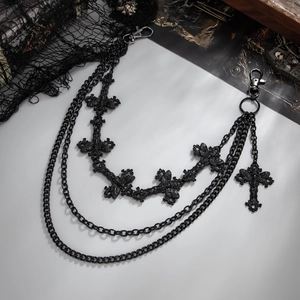 Three-layer gothic cross pants chain in matte black metal for punk hip-hop style