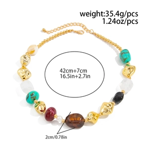 Detail showing colorful resin beads and gold CCB hardware with size measurements