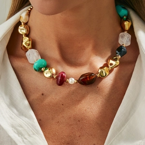 Bohemian beaded necklace with colorful resin stones and irregular gold metallic beads