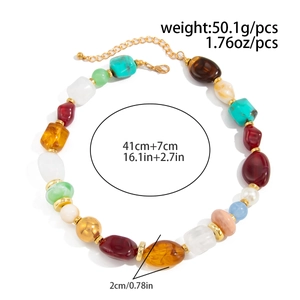 Detail showing colorful resin beaded necklace dimensions and weight on white backdrop