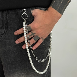 Punk Double Layer Waist Chain White Imitation Artificial Pearls And Silver Pentagram Charms Hip Hop Streetwear Accessory For Men Women