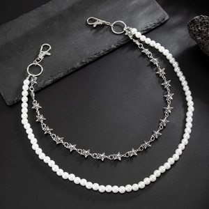 Men hip-hop pearl and metallic star waist chain with double layers and lobster clasps