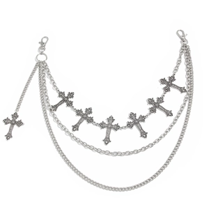 Punk multilayer silver metal pant chain with cross pendants and lobster clasps