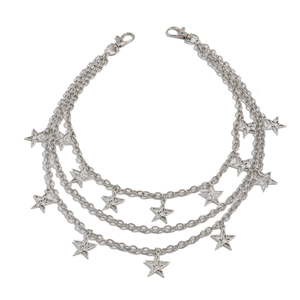 Punk multilayer silver trouser chain with five-pointed stars and lobster clasps