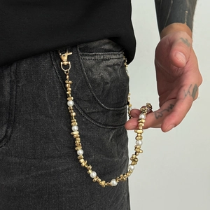 Hip hop style gold metal beads and white pearl fringe waist chain for denim jeans