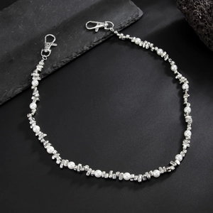 Hip-hop style pants chain with white pearls and irregular silver metal beads