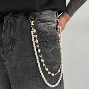 Chaîne De Pantalon Superposée Avec Künstliche Perles D'imitation Alliage Charmes De Fleurs Rhinestone Mode Chaîne De Taille