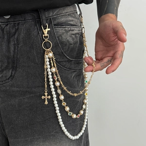 Multilayer Artificial Pearl Metal Pant Chain For Men Punk Hip Hop Cross Star Pendant Waist Belt Chain Jean Accessory Gold Silver