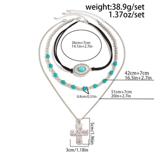 Three-layer bohemian choker set with turquoise flower disc and cross pendant