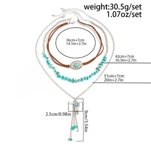 Detailed size chart for layered turquoise bull head pendant necklace showing dimensions