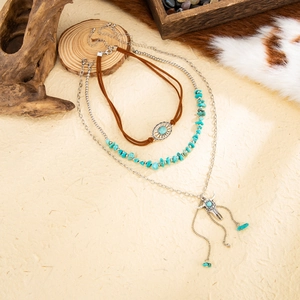 Detailed shot of three-layered bohemian necklace with turquoise beads and bull skull pendant