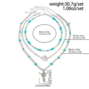 Three-layer bohemian turquoise necklace set with bull head pendant and size details