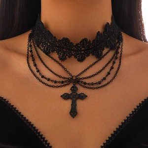 Gothic black lace choker with multi-layer metal chains and a cross pendant for women