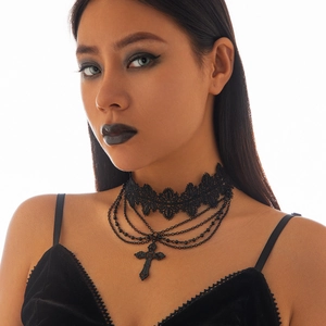 Gothic Punk Multilayer Black Beaded Choker Necklace With Cross Pendant For Women Halloween Party Lace Tassel Necklace Jewelry