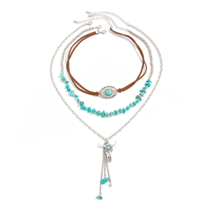 Three-layer bohemian turquoise necklace set with bull skull pendant and silver chains