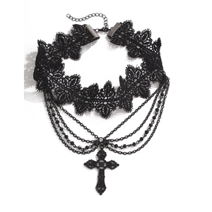 Gothic black lace choker with tiered chains and embossed cross pendant for women