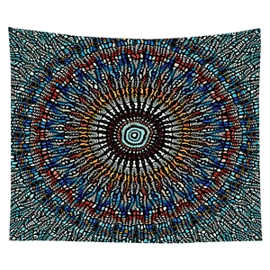 Detailed view of bohemian mandala tapestry with vibrant red and blue geometric patterns