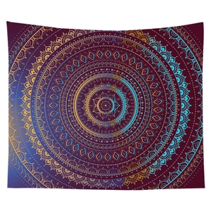 Detail of bohemian mandala tapestry showing intricate floral patterns and vibrant gradients