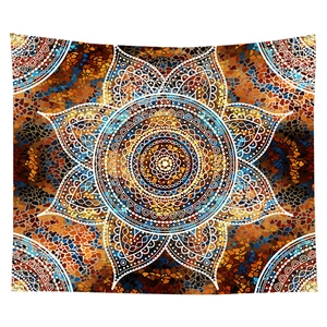 Detailed mosaic mandala tapestry with colorful bohemian geometric patterns on white background
