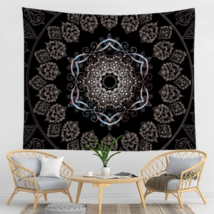 Black mandala tapestry with colorful geometric lines for modern wall decor
