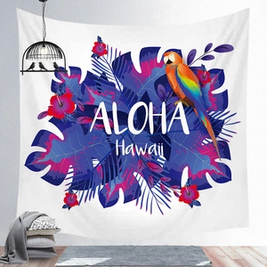 Detail of tropical tapestry with parrot and Aloha Hawaii text on a white wall