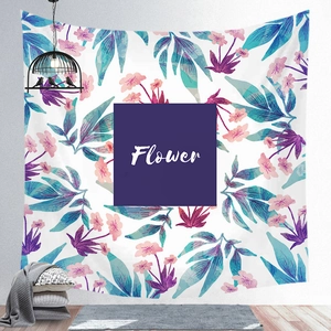 Detail of tropical plant tapestry showing pink flowers and purple square Flower art print
