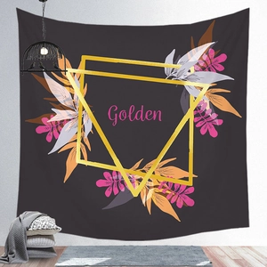 Detail of tropical plant tapestry with golden geometric frames on a dark grey background