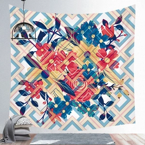 Detail of tropical floral wall tapestry with modern geometric diamond pattern background