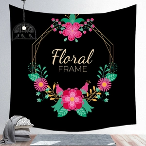 Detail of tropical floral frame tapestry on wall with ambient indoor decor and lighting