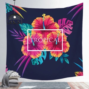 Tropical wall tapestry with navy blue monstera leaves and hibiscus floral design