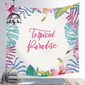 Tropical Paradise wall tapestry with hibiscus flowers and green foliage for home decor