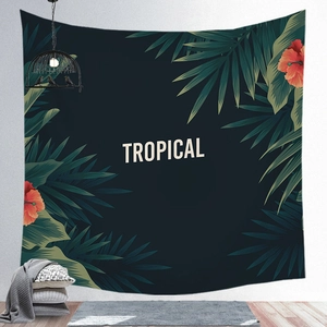 Tropical wall tapestry with dark green leaves and hibiscus flowers for home decor
