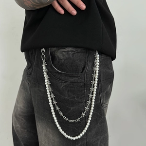 Men's double-layered hip-hop waist chain with white pearls and hollow star charms