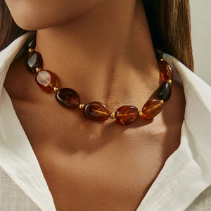Bohemian Onregelmatige Hars Kralen Ketting Etnisch Retro Chunky Marmer Textuur Legering Afstandskralen Voor Dames