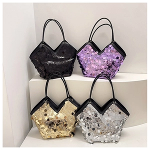 Close-up of sparkling sequin tote bags in black, purple, gold, and silver finishes
