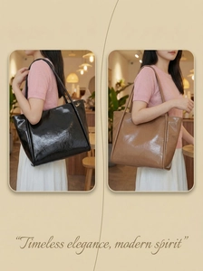Detail of high-gloss patent leather tote bags in black and brown for daily commuting